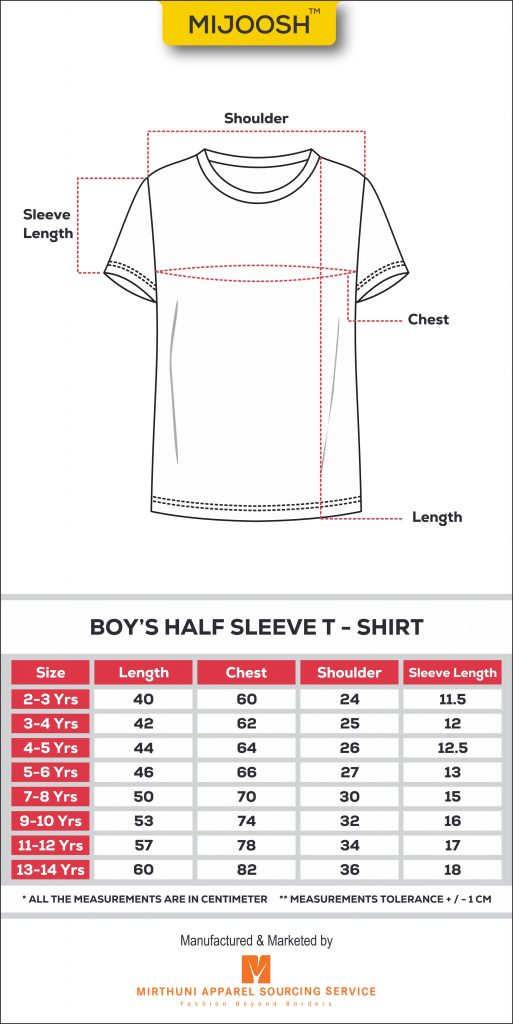Mijoosh Boys Half Sleeve T Shirt Measurement Chart