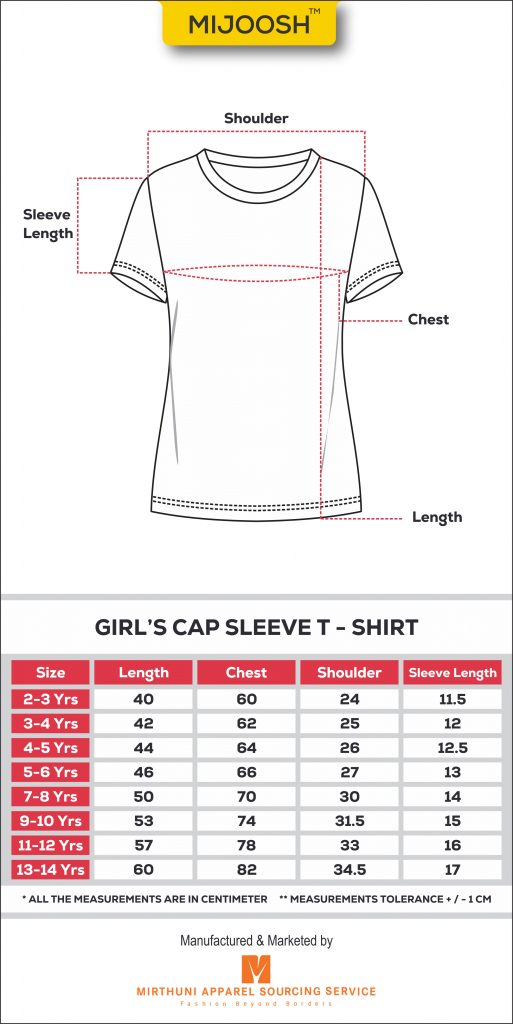 Mijoosh Girls Cap Sleeve T Shirt Measurement Chart